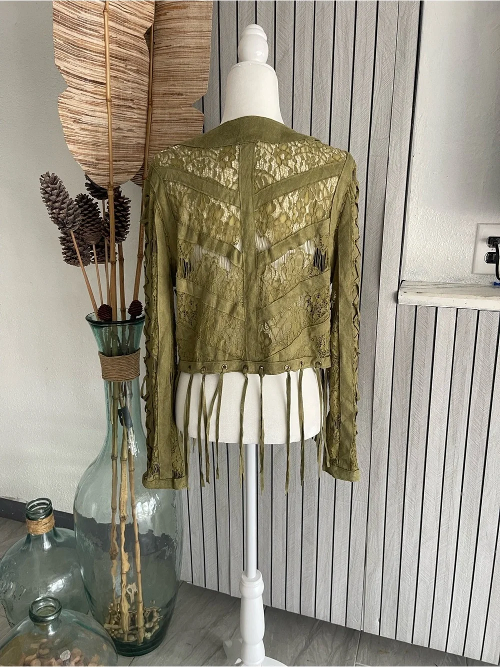 Vocal Olive Green Fringe Lace-Up Leather Jacket - Picture 4 of 8